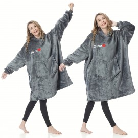 1pc Tosakey リバーシブルフランネルフーディブランケット - コンテンポラリースタイル、100%ポリエステル、200-250 GSM、洗濯機洗い可能、刺繍カスタムネーム、オーバーサイズフード付きチェアスローフォーソファ、オフィス - 理想的なクリスマスギフト