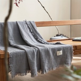 1枚 ソフトベージュ タッセル スロー ブランケット - 100% コットン、フレンチスタイル、ソファ、ベッド、ベンチ用オールシーズン快適ブランケット、軽量＆暖かいフレイドエッジ、ソファスロー ブランケット | フレンチスタイルブランケット | 100% コットンブランケット