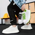 メンズ サマーカジュアルスニーカー - 通気性のあるロートップアウトドアシューズ、厚手ラバーソール付き、ホワイト＆ネオングリーンアクセント、PU/ファブリックアッパー＆レースアップクロージャー、ハイキング・ストリートウェア・日常使いに