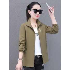 レディースカジュアルジップアップジャケット - シックな韓国スタイルのスタンドカラー、袖、ポリエステル製、黒地に白文字、春/秋のお出かけにぴったり、キュートなジャケット