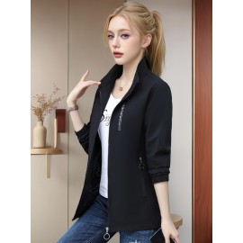 春と秋の用の女性用長袖ジャケット、トレンディな韓国スタイルのスタンドカラー、防風デザイン、カジュアルフィット、外出用に最適。