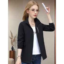 春と秋の用の女性用長袖ジャケット、トレンディな韓国スタイルのスタンドカラー、防風デザイン、カジュアルフィット、外出用に最適。