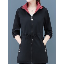 1pc レディース リバーシブル カジュアル ミドル丈 コート、ポリエステル フード付き ジャケット ジッパー付き、長袖 無地 アウター 春/秋用、非ストレッチ生地、レギュラーフィット - 新作