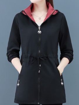 1pc レディース リバーシブル カジュアル ミドル丈 コート、ポリエステル フード付き ジャケット ジッパー付き、長袖 無地 アウター 春/秋用、非ストレッチ生地、レギュラーフィット - 新作