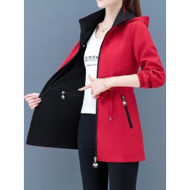 1pc レディース リバーシブル カジュアル ミドル丈 コート、ポリエステル フード付き ジャケット ジッパー付き、長袖 無地 アウター 春/秋用、非ストレッチ生地、レギュラーフィット - 新作