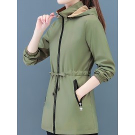 1pc レディース リバーシブル カジュアル ミドル丈 コート、ポリエステル フード付き ジャケット ジッパー付き、長袖 無地 アウター 春/秋用、非ストレッチ生地、レギュラーフィット - 新作