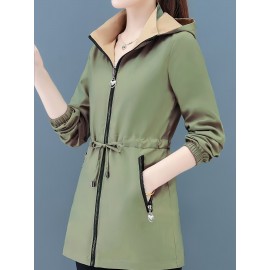1pc レディース リバーシブル カジュアル ミドル丈 コート、ポリエステル フード付き ジャケット ジッパー付き、長袖 無地 アウター 春/秋用、非ストレッチ生地、レギュラーフィット - 新作