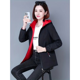 レディース リバーシブル 軽量 フード付きジャケット - グリーン カジュアル ジップアップ トレンチコート ポケット付き 長袖 スリムフィット 春＆秋用 かわいいジャケット