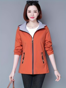 レディース リバーシブル 軽量 フード付きジャケット - グリーン カジュアル ジップアップ トレンチコート ポケット付き 長袖 スリムフィット 春＆秋用 かわいいジャケット