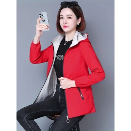 レディース リバーシブル 軽量 フード付きジャケット - グリーン カジュアル ジップアップ トレンチコート ポケット付き 長袖 スリムフィット 春＆秋用 かわいいジャケット