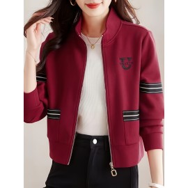 レディース スタンドカラージッパーフードジップアップスウェットシャツ レッド ハイウエスト カジュアル 長袖 長丈 ポリエステル 軽伸 ニットファブリック 180g/㎡ アルファベット柄 ベルトなし アウトドア オールシーズン