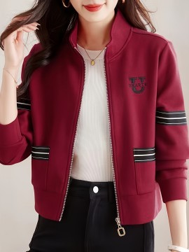 レディース スタンドカラージッパーフードジップアップスウェットシャツ レッド ハイウエスト カジュアル 長袖 長丈 ポリエステル 軽伸 ニットファブリック 180g/㎡ アルファベット柄 ベルトなし アウトドア オールシーズン