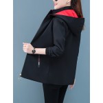 女性用カジュアルフローラルフードジャケット、ポリエステル100%、ストレッチなし、ジッパープラケット、アップリケディテール、週末カジュアルウェア、春/秋、織物、138g/m²の生地重量、120g/m²の裏地重量