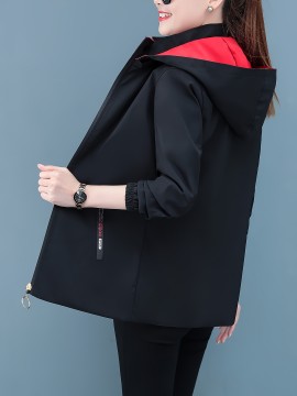 女性用カジュアルフローラルフードジャケット、ポリエステル100%、ストレッチなし、ジッパープラケット、アップリケディテール、週末カジュアルウェア、春/秋、織物、138g/m²の生地重量、120g/m²の裏地重量