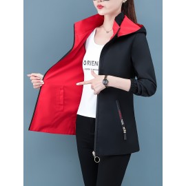 女性用カジュアルフローラルフードジャケット、ポリエステル100%、ストレッチなし、ジッパープラケット、アップリケディテール、週末カジュアルウェア、春/秋、織物、138g/m²の生地重量、120g/m²の裏地重量