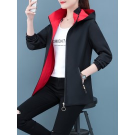 女性用カジュアルフローラルフードジャケット、ポリエステル100%、ストレッチなし、ジッパープラケット、アップリケディテール、週末カジュアルウェア、春/秋、織物、138g/m²の生地重量、120g/m²の裏地重量