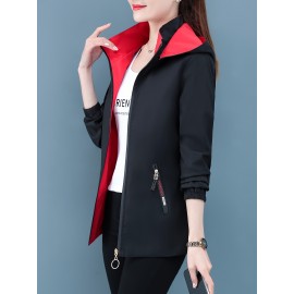 女性用カジュアルフローラルフードジャケット、ポリエステル100%、ストレッチなし、ジッパープラケット、アップリケディテール、週末カジュアルウェア、春/秋、織物、138g/m²の生地重量、120g/m²の裏地重量
