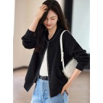 レディース シックブラック ベースボールジャケット - ジップアップ 長袖 - ポリエステル混紡 - 春/秋に快適でスタイリッシュ - カジュアルウェアジャケット | ジップアップジャケット | ポリエステル混紛