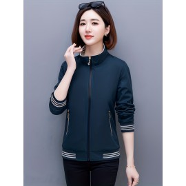 女性用スタイリッシュなネイビーブルージップアップジャケット、取り外し可能なフード付き - 春秋のカジュアル長袖アウター、ポリエステル生地、幾何学模様、ポケット付き、シックなジップアップジャケット | 耐久性に優れたポリエステル