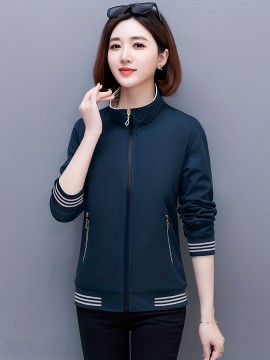 女性用スタイリッシュなネイビーブルージップアップジャケット、取り外し可能なフード付き - 春秋のカジュアル長袖アウター、ポリエステル生地、幾何学模様、ポケット付き、シックなジップアップジャケット | 耐久性に優れたポリエステル