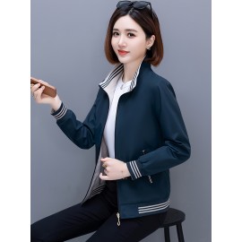 女性用スタイリッシュなネイビーブルージップアップジャケット、取り外し可能なフード付き - 春秋のカジュアル長袖アウター、ポリエステル生地、幾何学模様、ポケット付き、シックなジップアップジャケット | 耐久性に優れたポリエステル