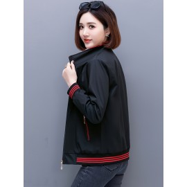 女性用スタイリッシュなネイビーブルージップアップジャケット、取り外し可能なフード付き - 春秋のカジュアル長袖アウター、ポリエステル生地、幾何学模様、ポケット付き、シックなジップアップジャケット | 耐久性に優れたポリエステル
