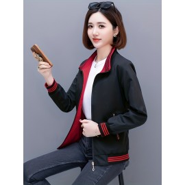 女性用スタイリッシュなネイビーブルージップアップジャケット、取り外し可能なフード付き - 春秋のカジュアル長袖アウター、ポリエステル生地、幾何学模様、ポケット付き、シックなジップアップジャケット | 耐久性に優れたポリエステル