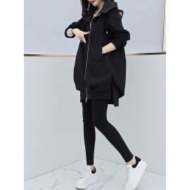 女性用スリミング軽量ウインドブレーカージャケット - ロングスタイル、ジップアップフーディー、春秋用裏地付き、カジュアルルーズフィット、ポリエステル、無地、レジャースタイル