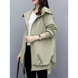 女性用スリミング軽量ウインドブレーカージャケット - ロングスタイル、ジップアップフーディー、春秋用裏地付き、カジュアルルーズフィット、ポリエステル、無地、レジャースタイル