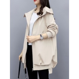 女性用スリミング軽量ウインドブレーカージャケット - ロングスタイル、ジップアップフーディー、春秋用裏地付き、カジュアルルーズフィット、ポリエステル、無地、レジャースタイル