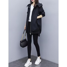 女性用スリミング軽量ウインドブレーカージャケット - ロングスタイル、ジップアップフーディー、春秋用裏地付き、カジュアルルーズフィット、ポリエステル、無地、レジャースタイル