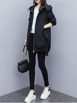 女性用スリミング軽量ウインドブレーカージャケット - ロングスタイル、ジップアップフーディー、春秋用裏地付き、カジュアルルーズフィット、ポリエステル、無地、レジャースタイル