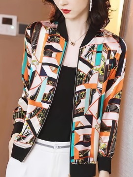 グラフィックプリントフルジップジャケット、エレガントな長袖ベースボールカラージャケット、春と秋のレディースウェア