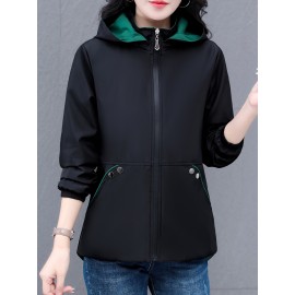 女性向けの多用途のジップアップフード付きジャケット、取り外し可能なトリム付き - 軽い緑の野球スタイルのボンバージャケット、カジュアルな春のアウター、ポリエステル裏地、ジッパークロージャー、カジュアルな着用ジャケット | モダンなカジュアルジャケット | ジップアップフード付きジャケット、ジッパージャケットフーディー