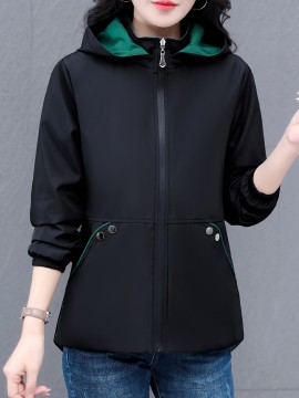 女性向けの多用途のジップアップフード付きジャケット、取り外し可能なトリム付き - 軽い緑の野球スタイルのボンバージャケット、カジュアルな春のアウター、ポリエステル裏地、ジッパークロージャー、カジュアルな着用ジャケット | モダンなカジュアルジャケット | ジップアップフード付きジャケット、ジッパージャケットフーディー