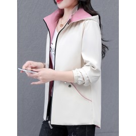 女性向けの多用途のジップアップフード付きジャケット、取り外し可能なトリム付き - 軽い緑の野球スタイルのボンバージャケット、カジュアルな春のアウター、ポリエステル裏地、ジッパークロージャー、カジュアルな着用ジャケット | モダンなカジュアルジャケット | ジップアップフード付きジャケット、ジッパージャケットフーディー