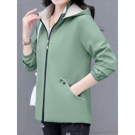 女性向けの多用途のジップアップフード付きジャケット、取り外し可能なトリム付き - 軽い緑の野球スタイルのボンバージャケット、カジュアルな春のアウター、ポリエステル裏地、ジッパークロージャー、カジュアルな着用ジャケット | モダンなカジュアルジャケット | ジップアップフード付きジャケット、ジッパージャケットフーディー