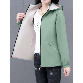 女性向けの多用途のジップアップフード付きジャケット、取り外し可能なトリム付き - 軽い緑の野球スタイルのボンバージャケット、カジュアルな春のアウター、ポリエステル裏地、ジッパークロージャー、カジュアルな着用ジャケット | モダンなカジュアルジャケット | ジップアップフード付きジャケット、ジッパージャケットフーディー