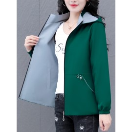 女性向けの多用途のジップアップフード付きジャケット、取り外し可能なトリム付き - 軽い緑の野球スタイルのボンバージャケット、カジュアルな春のアウター、ポリエステル裏地、ジッパークロージャー、カジュアルな着用ジャケット | モダンなカジュアルジャケット | ジップアップフード付きジャケット、ジッパージャケットフーディー