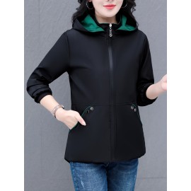 女性向けの多用途のジップアップフード付きジャケット、取り外し可能なトリム付き - 軽い緑の野球スタイルのボンバージャケット、カジュアルな春のアウター、ポリエステル裏地、ジッパークロージャー、カジュアルな着用ジャケット | モダンなカジュアルジャケット | ジップアップフード付きジャケット、ジッパージャケットフーディー