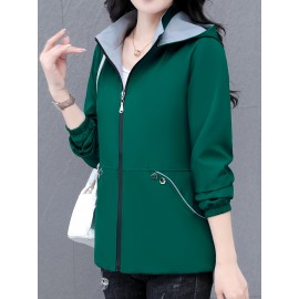 女性向けの多用途のジップアップフード付きジャケット、取り外し可能なトリム付き - 軽い緑の野球スタイルのボンバージャケット、カジュアルな春のアウター、ポリエステル裏地、ジッパークロージャー、カジュアルな着用ジャケット | モダンなカジュアルジャケット | ジップアップフード付きジャケット、ジッパージャケットフーディー