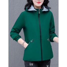 女性向けの多用途のジップアップフード付きジャケット、取り外し可能なトリム付き - 軽い緑の野球スタイルのボンバージャケット、カジュアルな春のアウター、ポリエステル裏地、ジッパークロージャー、カジュアルな着用ジャケット | モダンなカジュアルジャケット | ジップアップフード付きジャケット、ジッパージャケットフーディー