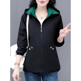 女性向けの多用途のジップアップフード付きジャケット、取り外し可能なトリム付き - 軽い緑の野球スタイルのボンバージャケット、カジュアルな春のアウター、ポリエステル裏地、ジッパークロージャー、カジュアルな着用ジャケット | モダンなカジュアルジャケット | ジップアップフード付きジャケット、ジッパージャケットフーディー