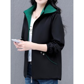 女性向けの多用途のジップアップフード付きジャケット、取り外し可能なトリム付き - 軽い緑の野球スタイルのボンバージャケット、カジュアルな春のアウター、ポリエステル裏地、ジッパークロージャー、カジュアルな着用ジャケット | モダンなカジュアルジャケット | ジップアップフード付きジャケット、ジッパージャケットフーディー
