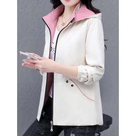 女性向けの多用途のジップアップフード付きジャケット、取り外し可能なトリム付き - 軽い緑の野球スタイルのボンバージャケット、カジュアルな春のアウター、ポリエステル裏地、ジッパークロージャー、カジュアルな着用ジャケット | モダンなカジュアルジャケット | ジップアップフード付きジャケット、ジッパージャケットフーディー