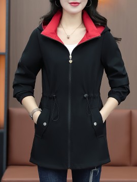 ジップアップフーディー風切りジャケット、カジュアル長袖ドローストリングウエストジャケット、春秋用レディースウェア