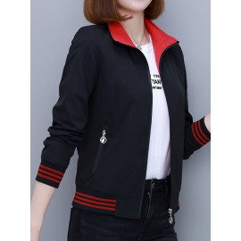 女性用レッドストライプボンバージャケット、ポリエステル素材、カジュアル