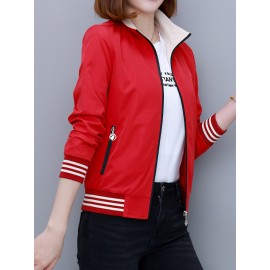女性用レッドストライプボンバージャケット、ポリエステル素材、カジュアル