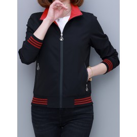 女性用レッドストライプボンバージャケット、ポリエステル素材、カジュアル