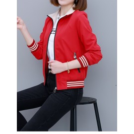 女性用レッドストライプボンバージャケット、ポリエステル素材、カジュアル